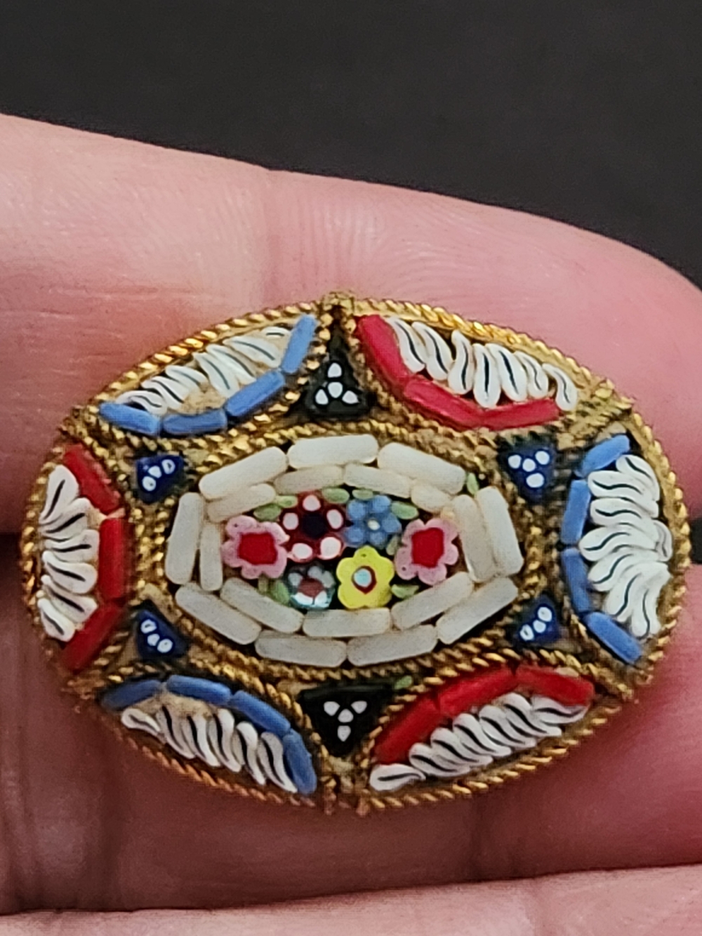 VTG Multicolored Micro Mosaic Brooch Pin Floral Design Italy